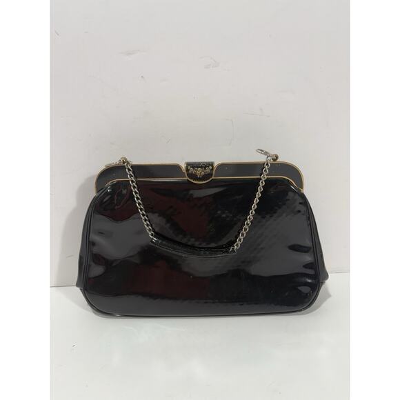 Vintage Crown Lewis 50s/60s Black Patent Leather Chain Handle Bag Retro Purse - Picture 2 of 11